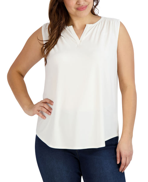 Jones New York Plus Size Smocked Split Neck Top